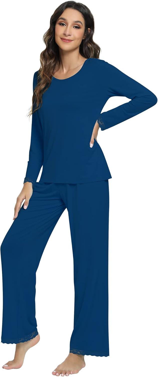imageWiWi Viscose from Bamboo Pajamas Sets for Women Soft Long Sleeve Sleepwear and Pants Pjs Lounge Set Loungewear SXXLInk Blue