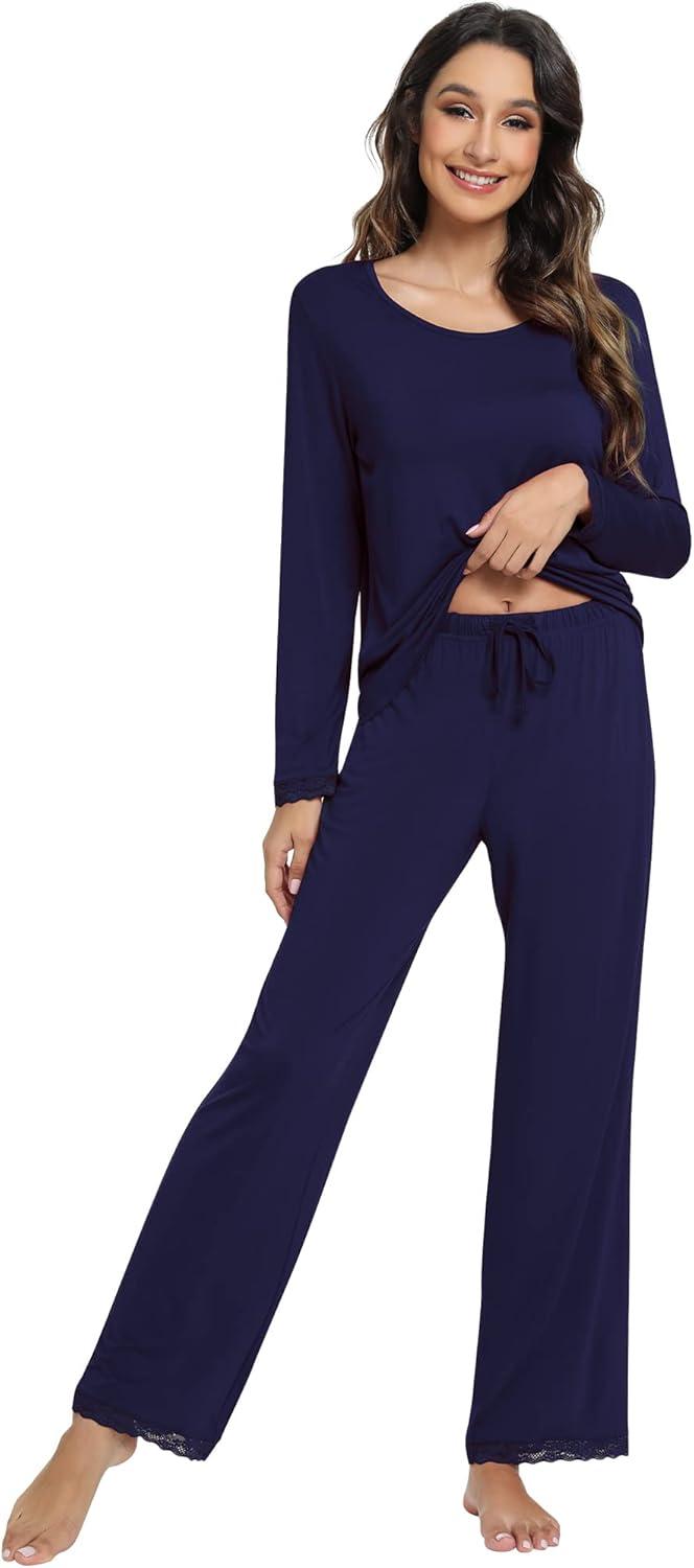 imageWiWi Viscose from Bamboo Pajamas Sets for Women Soft Long Sleeve Sleepwear and Pants Pjs Lounge Set Loungewear SXXLNavy