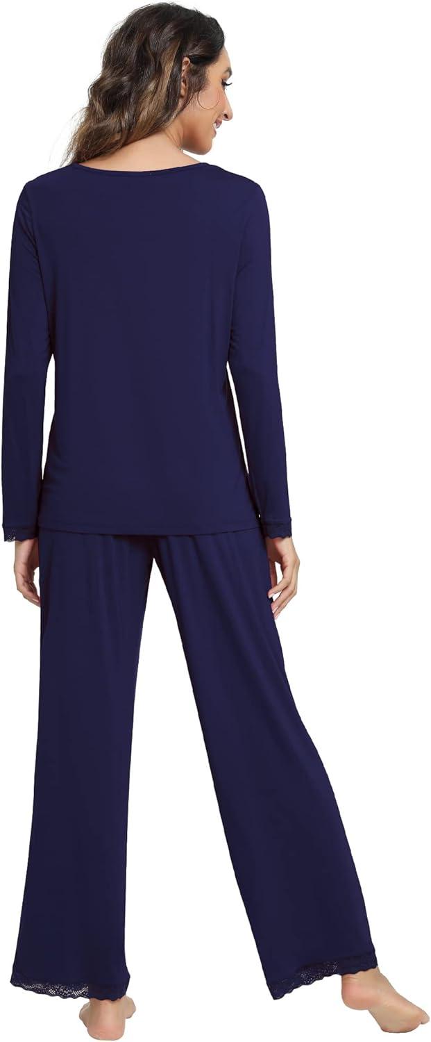 imageWiWi Viscose from Bamboo Pajamas Sets for Women Soft Long Sleeve Sleepwear and Pants Pjs Lounge Set Loungewear SXXLNavy