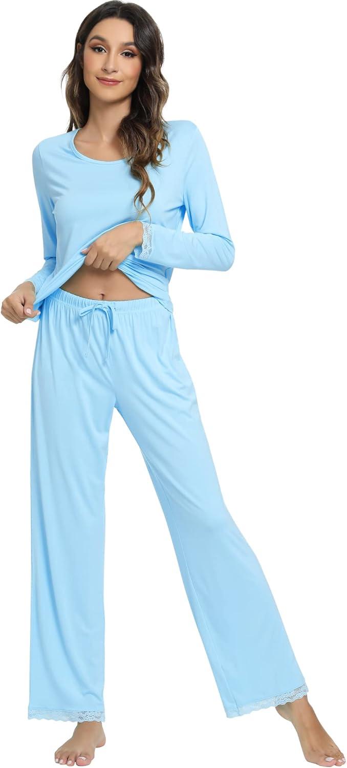 imageWiWi Viscose from Bamboo Pajamas Sets for Women Soft Long Sleeve Sleepwear and Pants Pjs Lounge Set Loungewear SXXLPale Blue