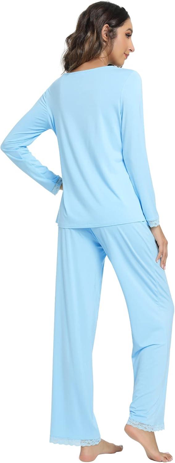 imageWiWi Viscose from Bamboo Pajamas Sets for Women Soft Long Sleeve Sleepwear and Pants Pjs Lounge Set Loungewear SXXLPale Blue