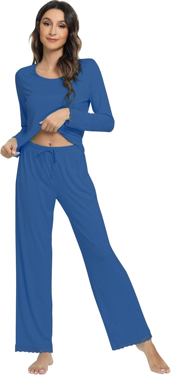 imageWiWi Viscose from Bamboo Pajamas Sets for Women Soft Long Sleeve Sleepwear and Pants Pjs Lounge Set Loungewear SXXLPrussian Blue