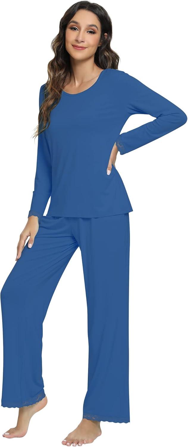 imageWiWi Viscose from Bamboo Pajamas Sets for Women Soft Long Sleeve Sleepwear and Pants Pjs Lounge Set Loungewear SXXLPrussian Blue
