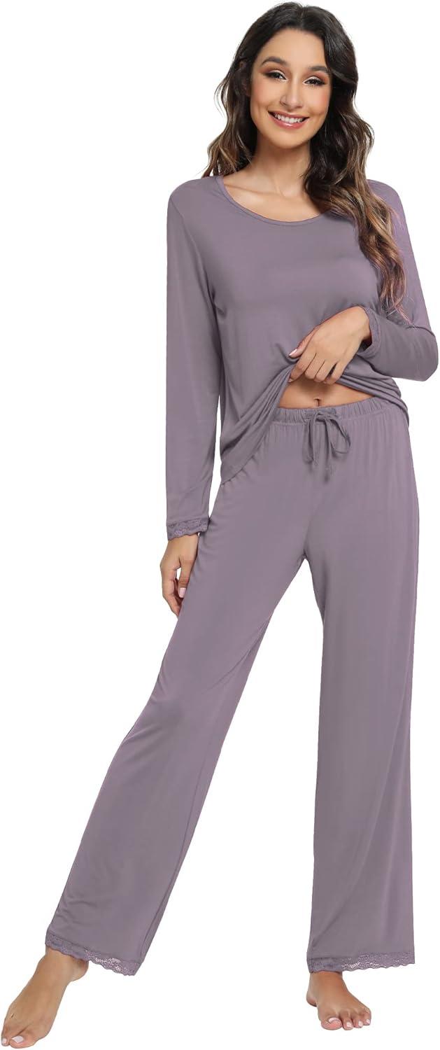 imageWiWi Viscose from Bamboo Pajamas Sets for Women Soft Long Sleeve Sleepwear and Pants Pjs Lounge Set Loungewear SXXLPurplish Grey