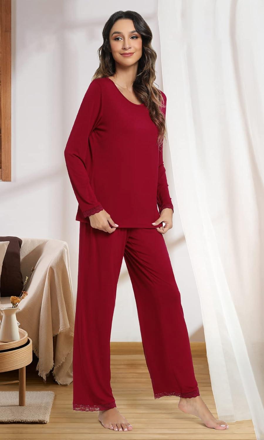 imageWiWi Viscose from Bamboo Pajamas Sets for Women Soft Long Sleeve Sleepwear and Pants Pjs Lounge Set Loungewear SXXLWine Red