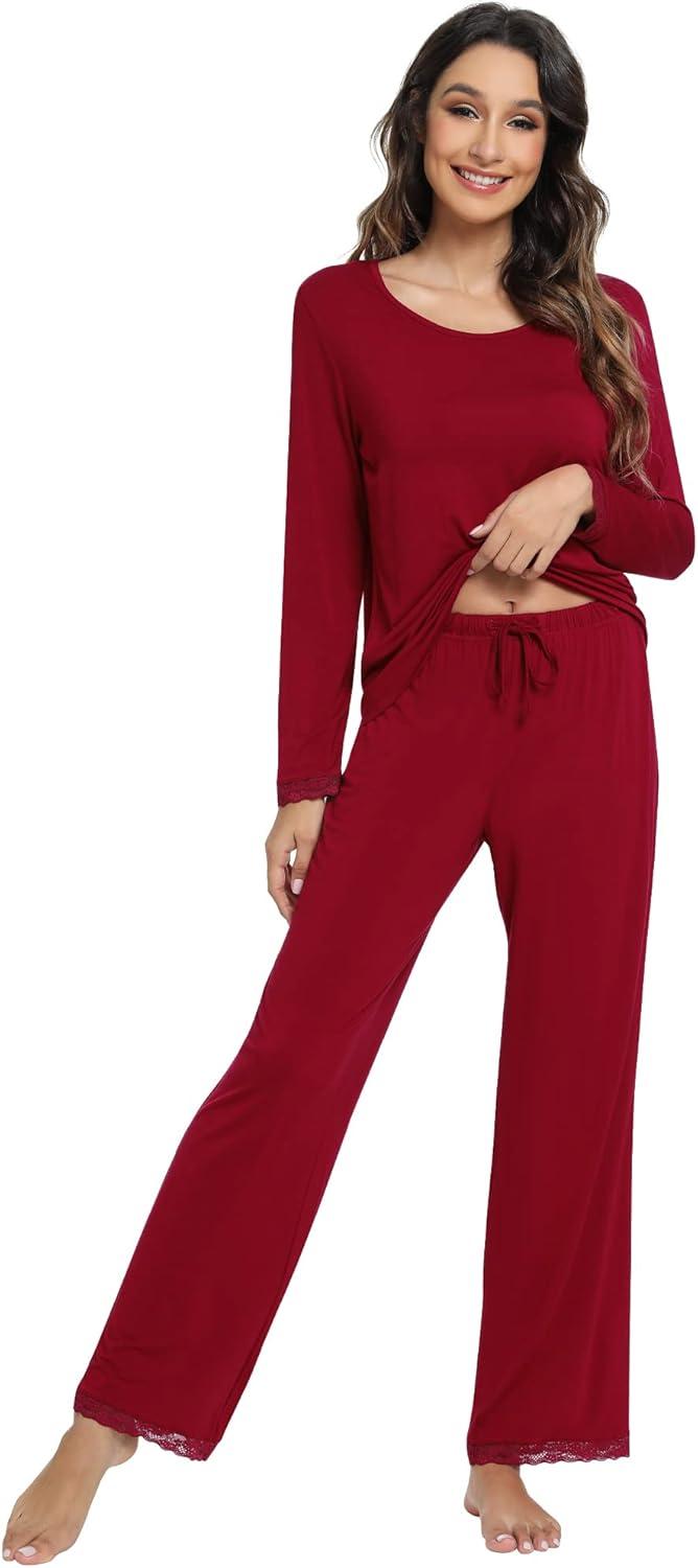 imageWiWi Viscose from Bamboo Pajamas Sets for Women Soft Long Sleeve Sleepwear and Pants Pjs Lounge Set Loungewear SXXLWine Red