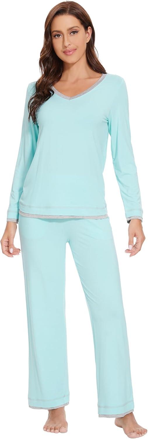 imageWiWi Viscose from Bamboo Pajamas Sets for Women Soft Tops with Pants Sleepwear Vneck Pj Set with Pockets SXXLAqua