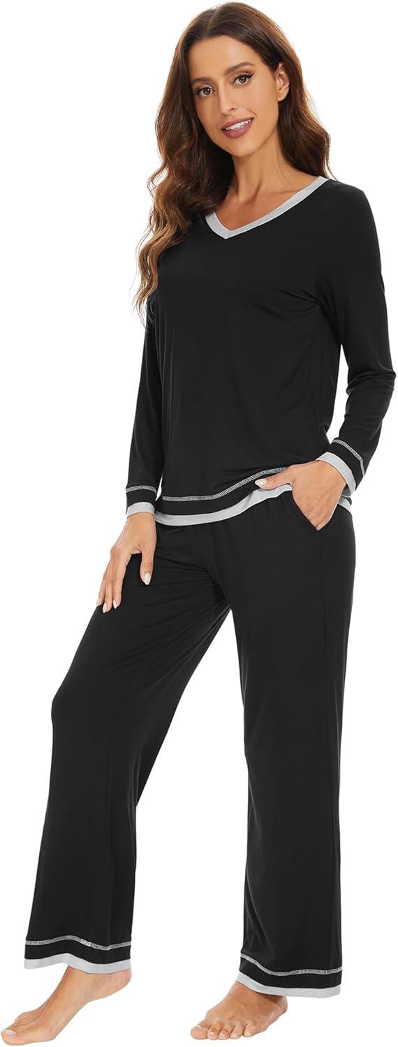 imageWiWi Viscose from Bamboo Pajamas Sets for Women Soft Tops with Pants Sleepwear Vneck Pj Set with Pockets SXXLBlack