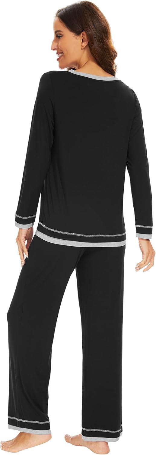 imageWiWi Viscose from Bamboo Pajamas Sets for Women Soft Tops with Pants Sleepwear Vneck Pj Set with Pockets SXXLBlack