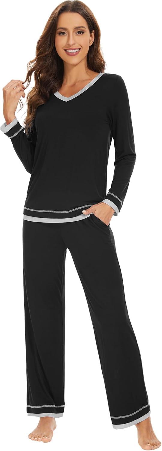 imageWiWi Viscose from Bamboo Pajamas Sets for Women Soft Tops with Pants Sleepwear Vneck Pj Set with Pockets SXXLBlack
