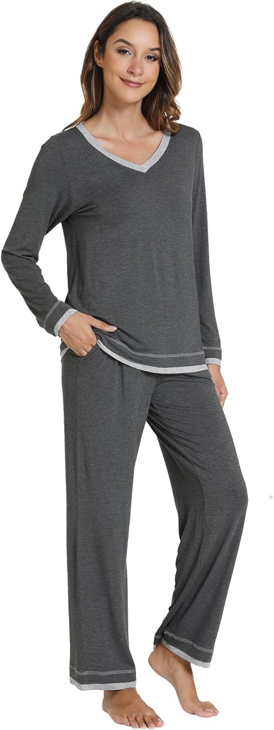 imageWiWi Viscose from Bamboo Pajamas Sets for Women Soft Tops with Pants Sleepwear Vneck Pj Set with Pockets SXXLDark Heather Grey