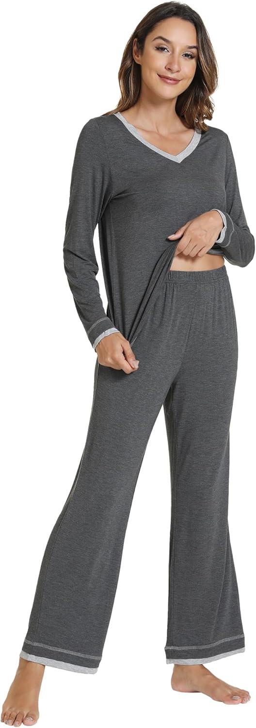 imageWiWi Viscose from Bamboo Pajamas Sets for Women Soft Tops with Pants Sleepwear Vneck Pj Set with Pockets SXXLDark Heather Grey