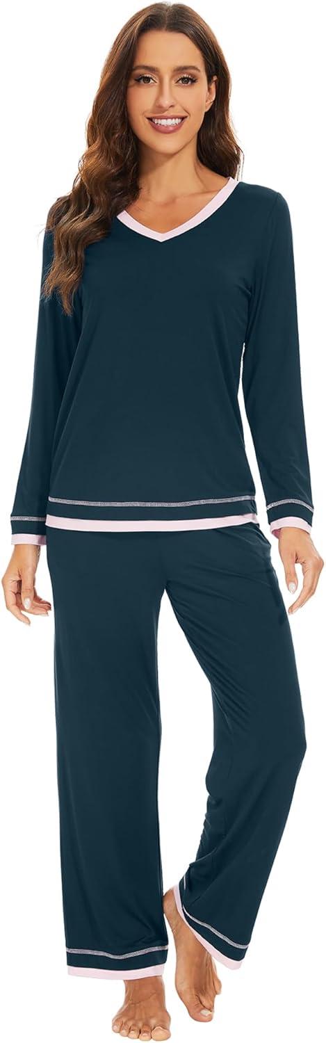 imageWiWi Viscose from Bamboo Pajamas Sets for Women Soft Tops with Pants Sleepwear Vneck Pj Set with Pockets SXXLDeep Teal