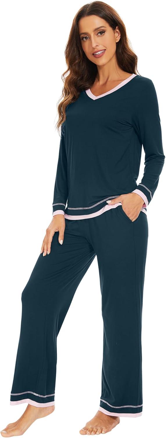 imageWiWi Viscose from Bamboo Pajamas Sets for Women Soft Tops with Pants Sleepwear Vneck Pj Set with Pockets SXXLDeep Teal
