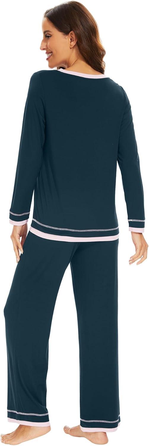 imageWiWi Viscose from Bamboo Pajamas Sets for Women Soft Tops with Pants Sleepwear Vneck Pj Set with Pockets SXXLDeep Teal