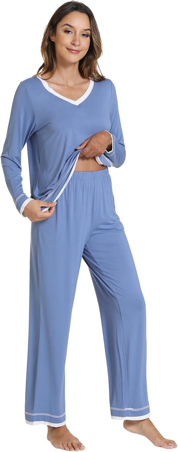 imageWiWi Viscose from Bamboo Pajamas Sets for Women Soft Tops with Pants Sleepwear Vneck Pj Set with Pockets SXXLFog Blue