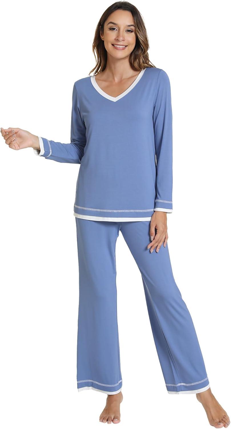 imageWiWi Viscose from Bamboo Pajamas Sets for Women Soft Tops with Pants Sleepwear Vneck Pj Set with Pockets SXXLFog Blue