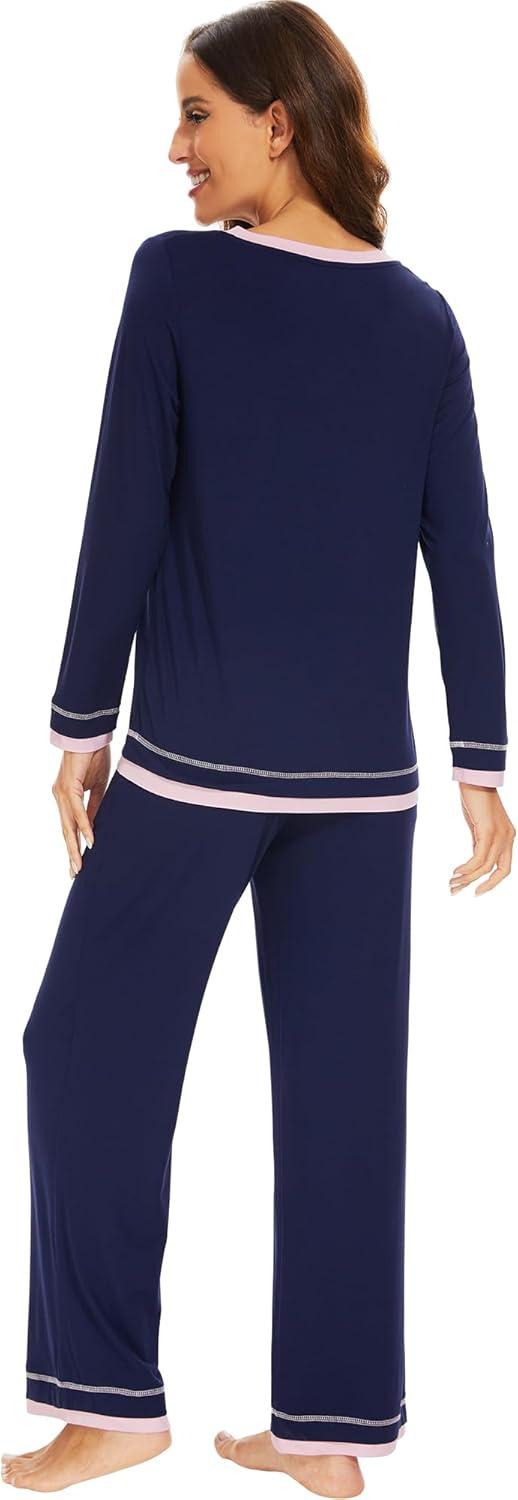 imageWiWi Viscose from Bamboo Pajamas Sets for Women Soft Tops with Pants Sleepwear Vneck Pj Set with Pockets SXXLNavy