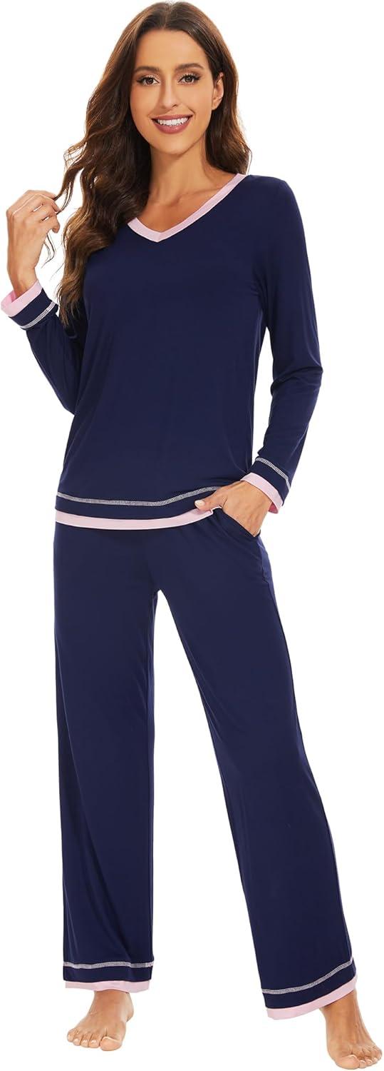 imageWiWi Viscose from Bamboo Pajamas Sets for Women Soft Tops with Pants Sleepwear Vneck Pj Set with Pockets SXXLNavy