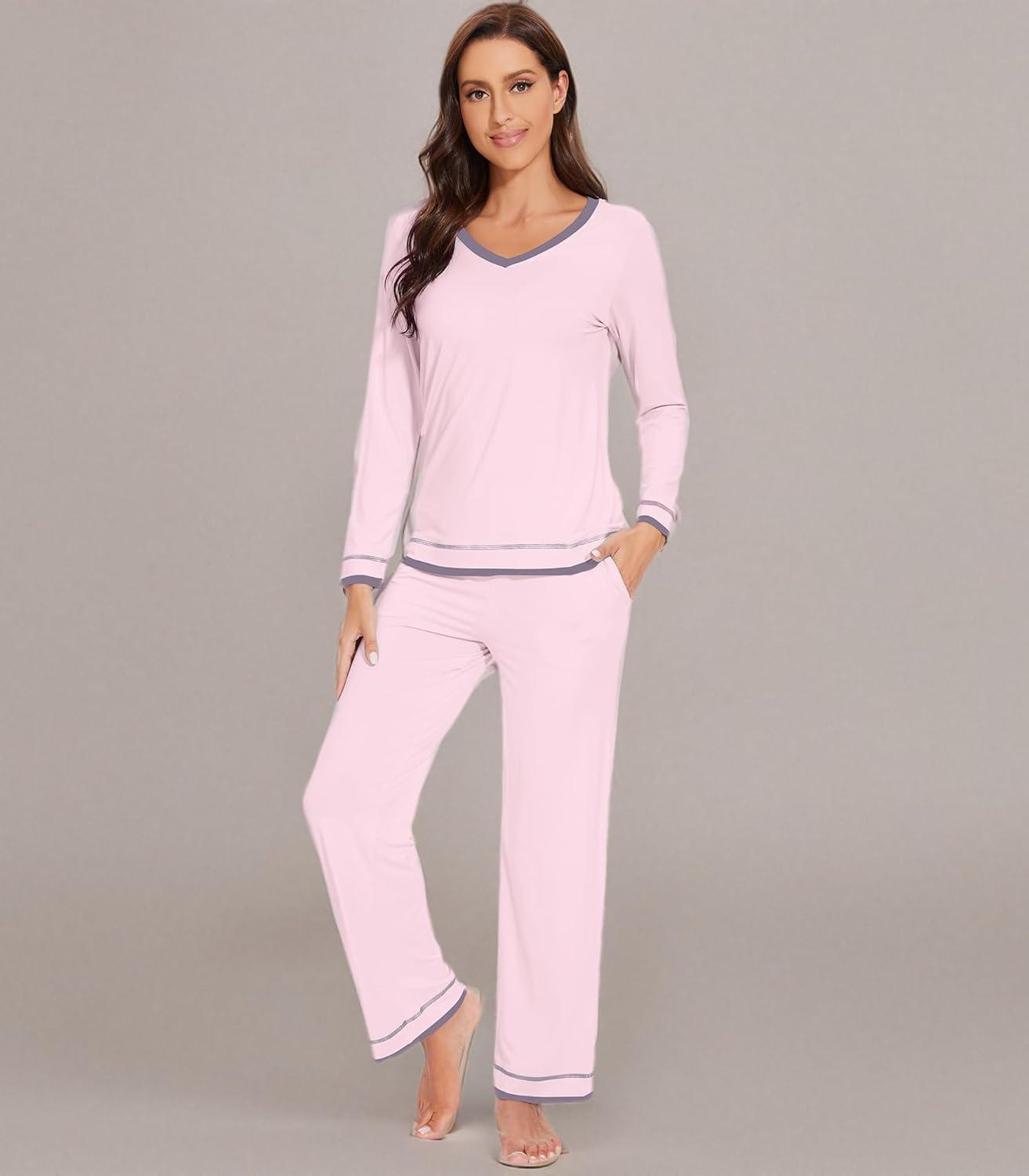 imageWiWi Viscose from Bamboo Pajamas Sets for Women Soft Tops with Pants Sleepwear Vneck Pj Set with Pockets SXXLPink
