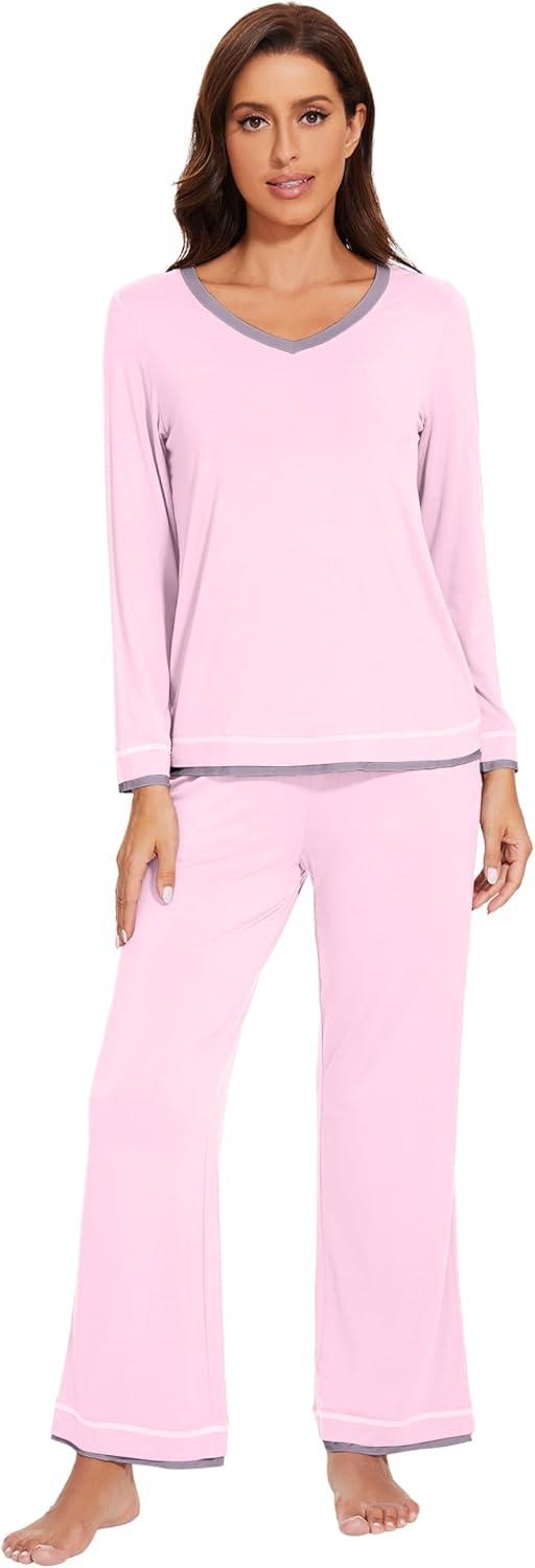 imageWiWi Viscose from Bamboo Pajamas Sets for Women Soft Tops with Pants Sleepwear Vneck Pj Set with Pockets SXXLPink