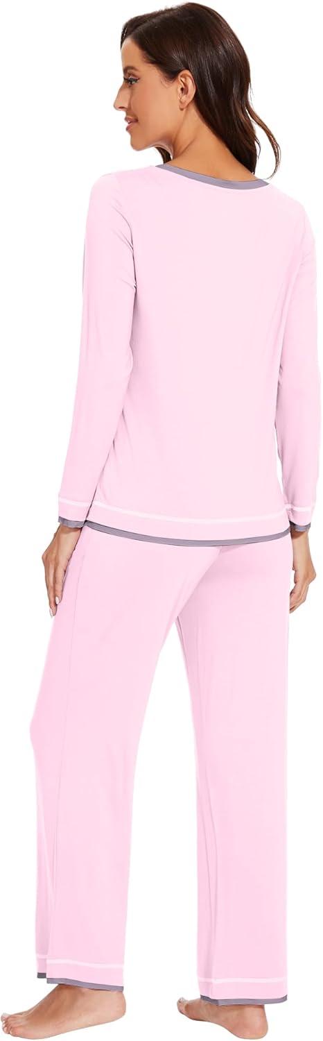 imageWiWi Viscose from Bamboo Pajamas Sets for Women Soft Tops with Pants Sleepwear Vneck Pj Set with Pockets SXXLPink