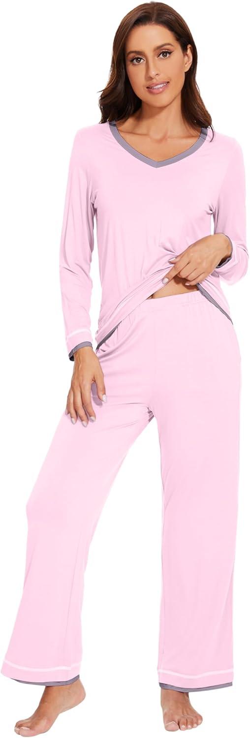 imageWiWi Viscose from Bamboo Pajamas Sets for Women Soft Tops with Pants Sleepwear Vneck Pj Set with Pockets SXXLPink