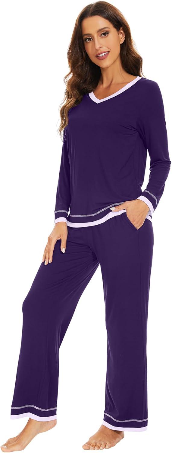 imageWiWi Viscose from Bamboo Pajamas Sets for Women Soft Tops with Pants Sleepwear Vneck Pj Set with Pockets SXXLPurplish Red