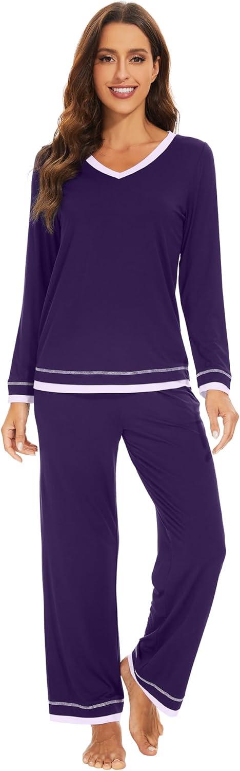 imageWiWi Viscose from Bamboo Pajamas Sets for Women Soft Tops with Pants Sleepwear Vneck Pj Set with Pockets SXXLPurplish Red