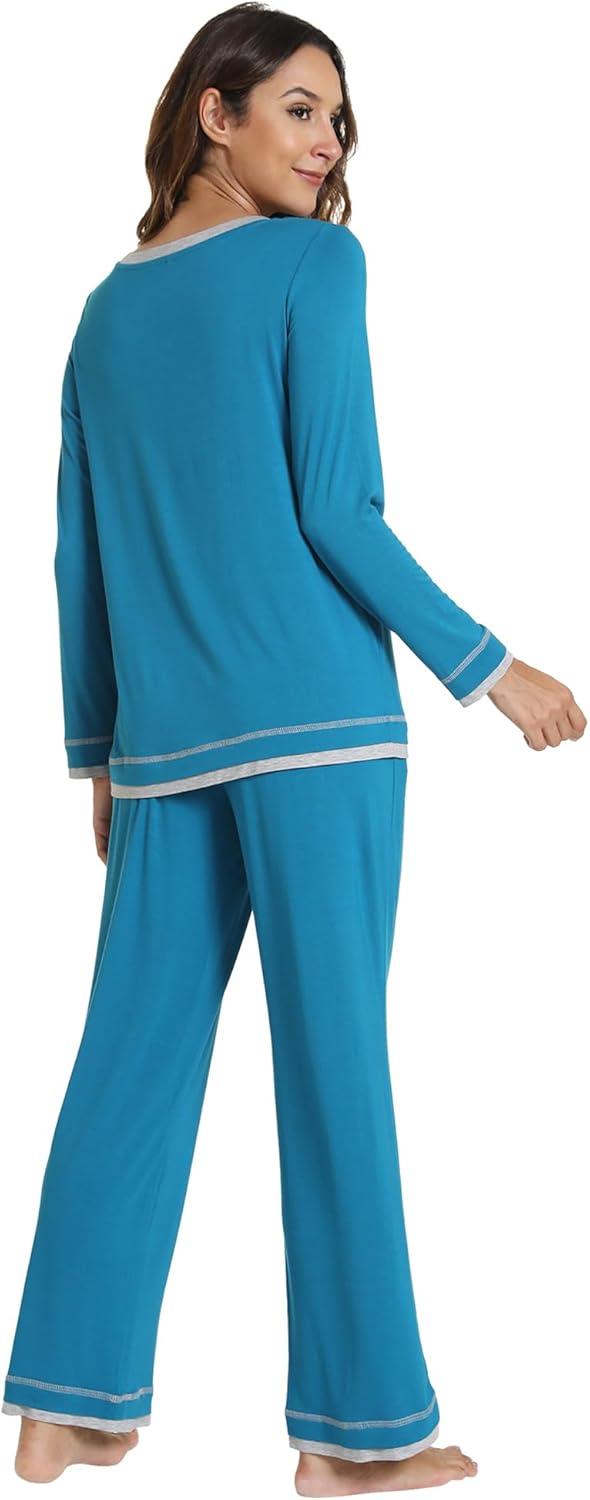 imageWiWi Viscose from Bamboo Pajamas Sets for Women Soft Tops with Pants Sleepwear Vneck Pj Set with Pockets SXXLTeal Blue