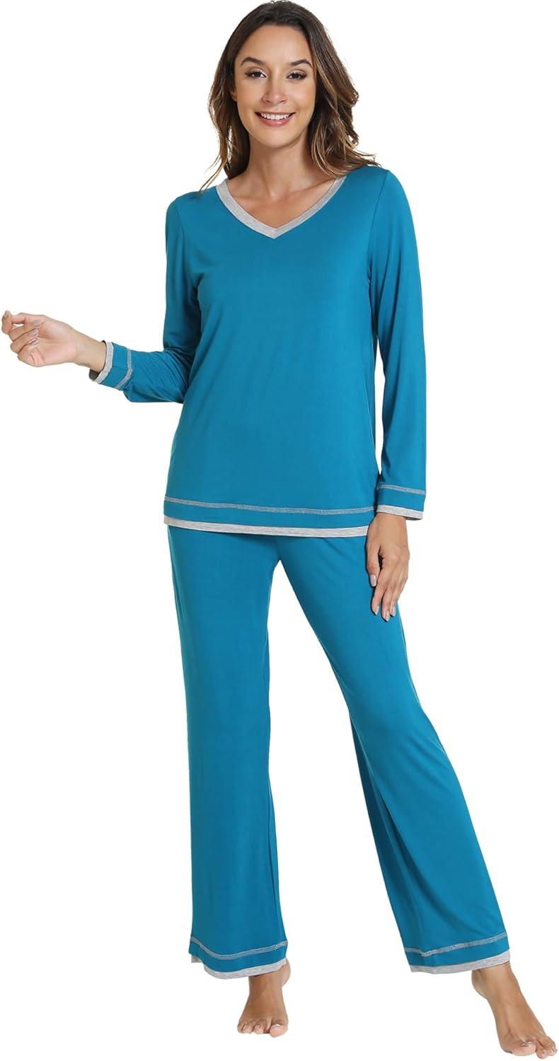 imageWiWi Viscose from Bamboo Pajamas Sets for Women Soft Tops with Pants Sleepwear Vneck Pj Set with Pockets SXXLTeal Blue