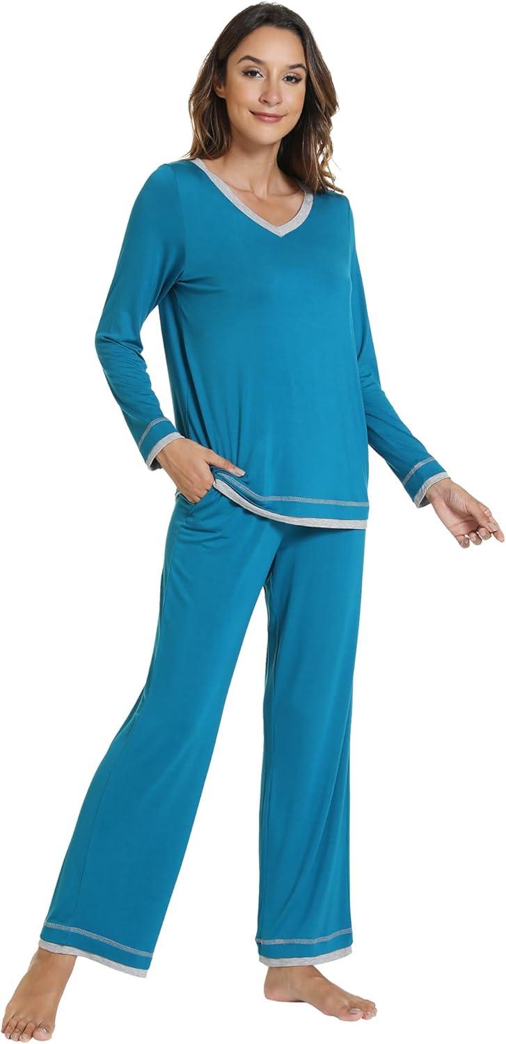 imageWiWi Viscose from Bamboo Pajamas Sets for Women Soft Tops with Pants Sleepwear Vneck Pj Set with Pockets SXXLTeal Blue
