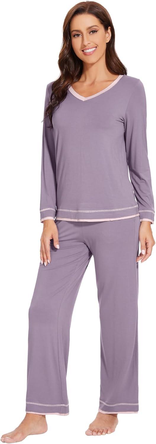 imageWiWi Viscose from Bamboo Pajamas Sets for Women Soft Tops with Pants Sleepwear Vneck Pj Set with Pockets SXXLViolet