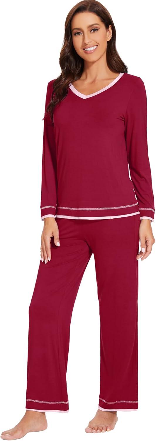 imageWiWi Viscose from Bamboo Pajamas Sets for Women Soft Tops with Pants Sleepwear Vneck Pj Set with Pockets SXXLWine Red