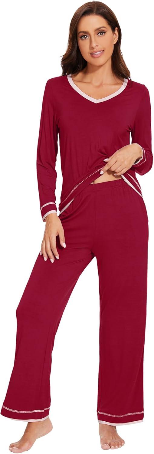 imageWiWi Viscose from Bamboo Pajamas Sets for Women Soft Tops with Pants Sleepwear Vneck Pj Set with Pockets SXXLWine Red