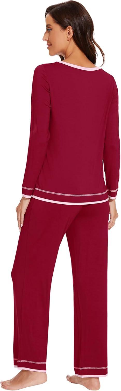 imageWiWi Viscose from Bamboo Pajamas Sets for Women Soft Tops with Pants Sleepwear Vneck Pj Set with Pockets SXXLWine Red