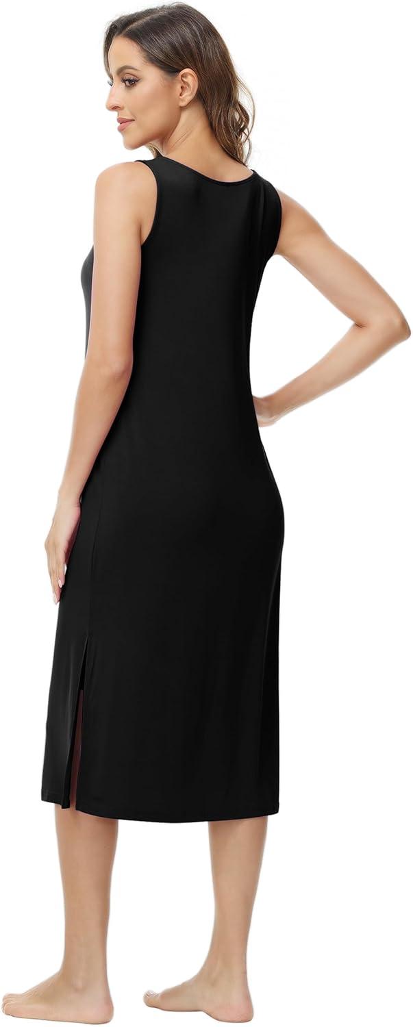 imageWiWi Viscose from Bamboo Tank Nightgown for Women UNeck Summer Sleeveless Sleep Shirts SXXLAblack