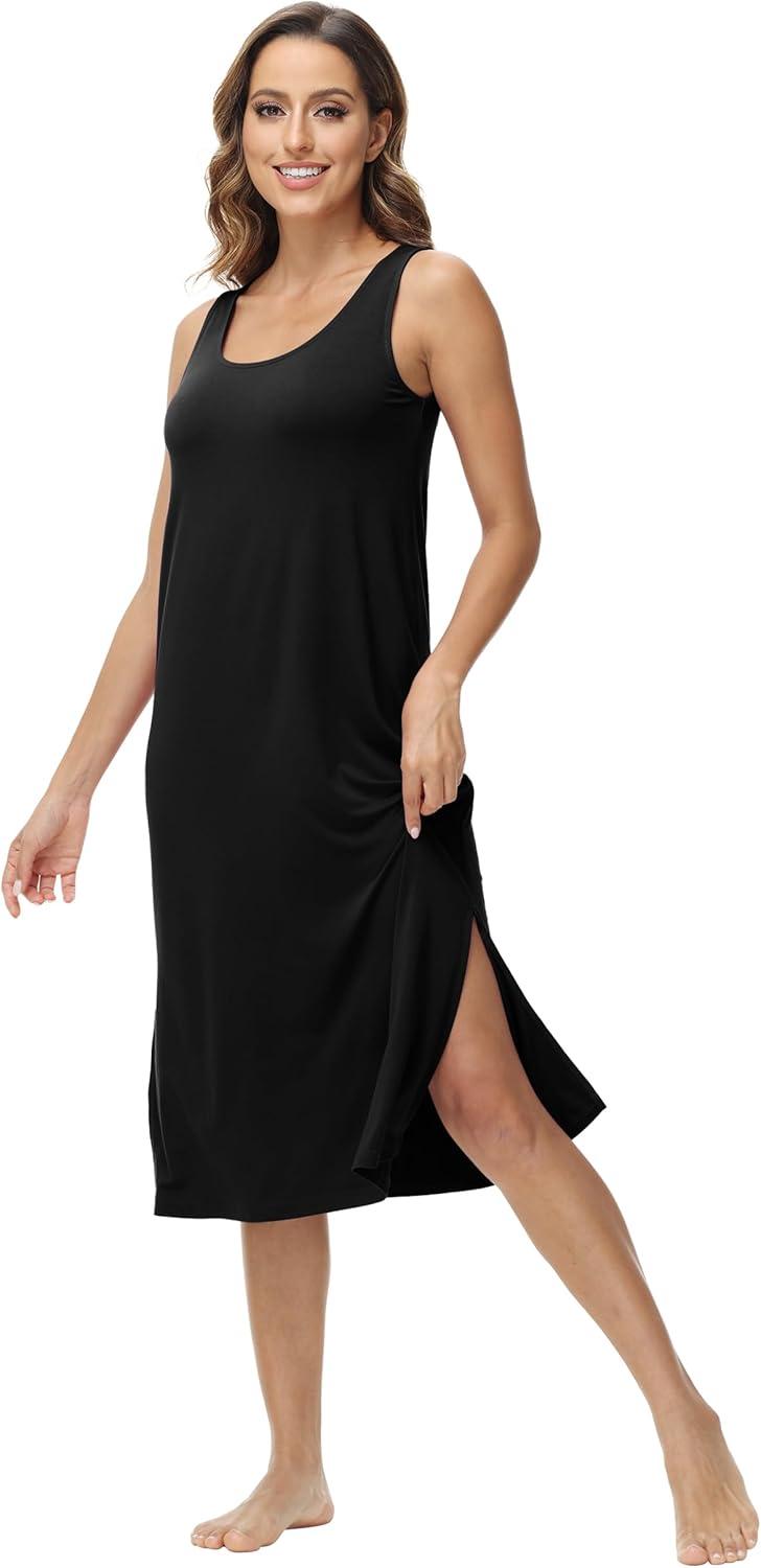 imageWiWi Viscose from Bamboo Tank Nightgown for Women UNeck Summer Sleeveless Sleep Shirts SXXLAblack