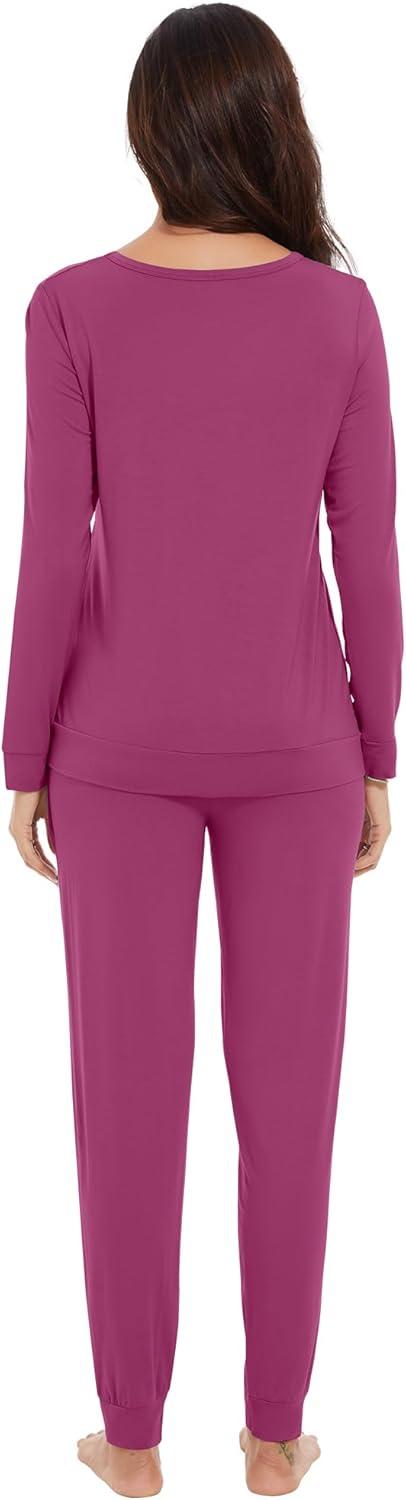 imageWiWi Viscose from Bamboo Womens Long Sleeve Pajama Sets Sleepwear with Jogger Pajamas Pants Soft Lounge Set Loungewear SXXLBeet Red