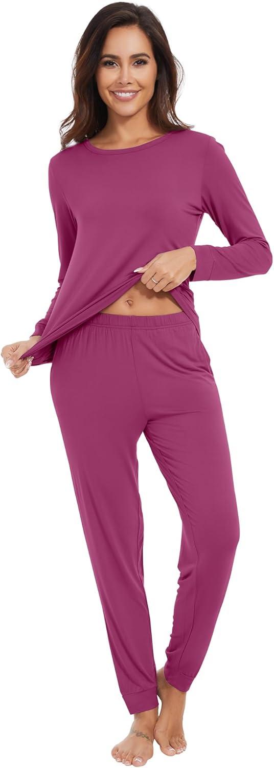 imageWiWi Viscose from Bamboo Womens Long Sleeve Pajama Sets Sleepwear with Jogger Pajamas Pants Soft Lounge Set Loungewear SXXLBeet Red