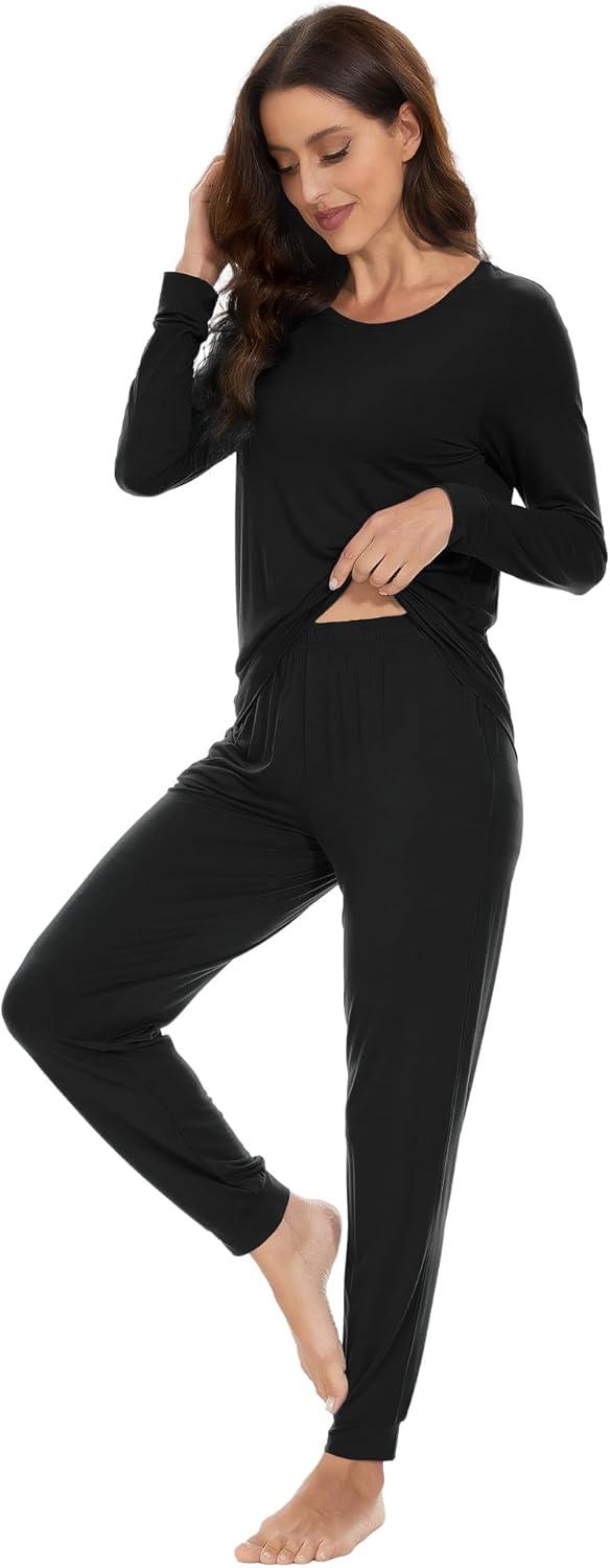 imageWiWi Viscose from Bamboo Womens Long Sleeve Pajama Sets Sleepwear with Jogger Pajamas Pants Soft Lounge Set Loungewear SXXLBlack