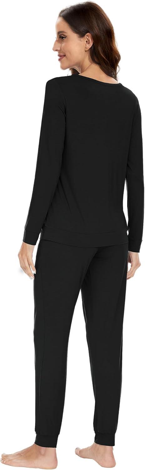 imageWiWi Viscose from Bamboo Womens Long Sleeve Pajama Sets Sleepwear with Jogger Pajamas Pants Soft Lounge Set Loungewear SXXLBlack