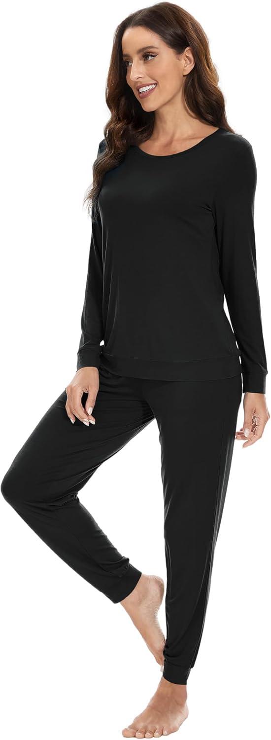 imageWiWi Viscose from Bamboo Womens Long Sleeve Pajama Sets Sleepwear with Jogger Pajamas Pants Soft Lounge Set Loungewear SXXLBlack