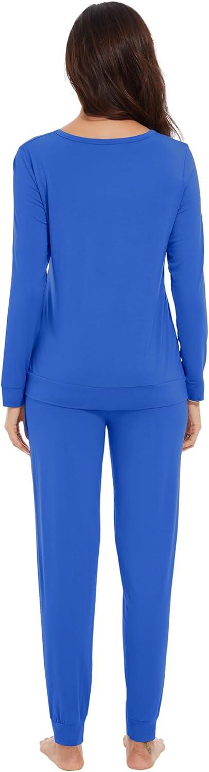 imageWiWi Viscose from Bamboo Womens Long Sleeve Pajama Sets Sleepwear with Jogger Pajamas Pants Soft Lounge Set Loungewear SXXLBright Blue