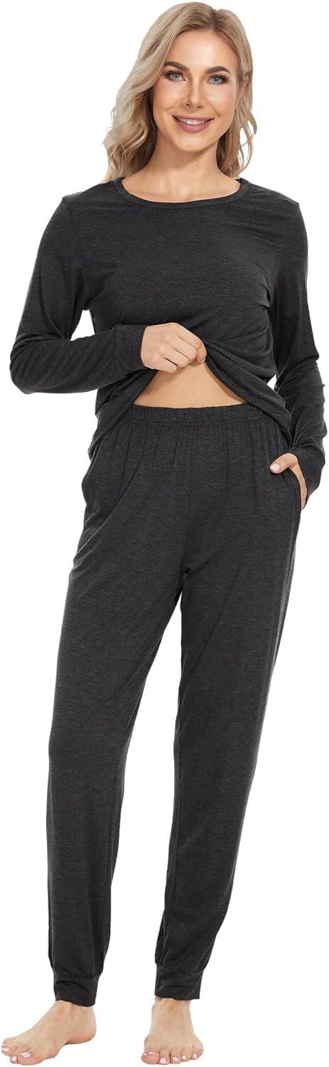 imageWiWi Viscose from Bamboo Womens Long Sleeve Pajama Sets Sleepwear with Jogger Pajamas Pants Soft Lounge Set Loungewear SXXLCharcoal Heather