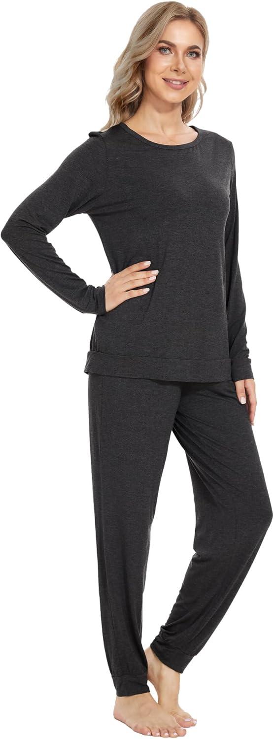 imageWiWi Viscose from Bamboo Womens Long Sleeve Pajama Sets Sleepwear with Jogger Pajamas Pants Soft Lounge Set Loungewear SXXLCharcoal Heather