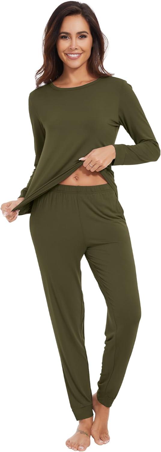 imageWiWi Viscose from Bamboo Womens Long Sleeve Pajama Sets Sleepwear with Jogger Pajamas Pants Soft Lounge Set Loungewear SXXLDark Army Green