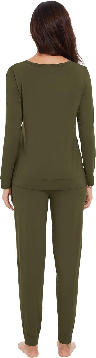 imageWiWi Viscose from Bamboo Womens Long Sleeve Pajama Sets Sleepwear with Jogger Pajamas Pants Soft Lounge Set Loungewear SXXLDark Army Green