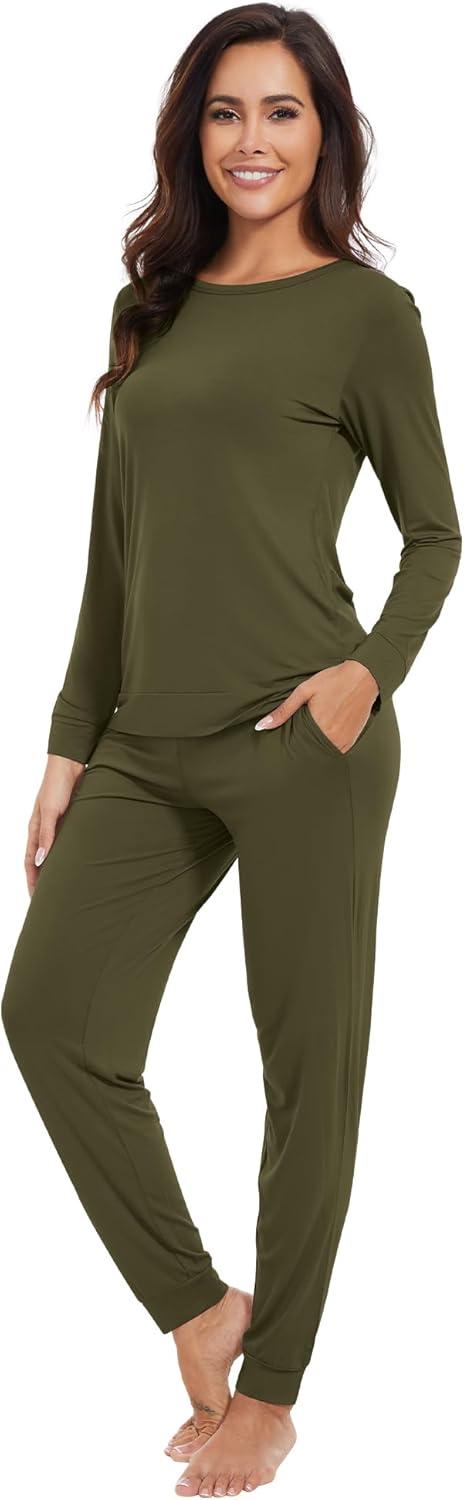 imageWiWi Viscose from Bamboo Womens Long Sleeve Pajama Sets Sleepwear with Jogger Pajamas Pants Soft Lounge Set Loungewear SXXLDark Army Green