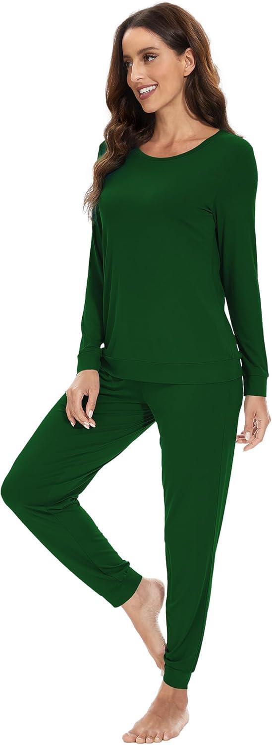 imageWiWi Viscose from Bamboo Womens Long Sleeve Pajama Sets Sleepwear with Jogger Pajamas Pants Soft Lounge Set Loungewear SXXLDark Green